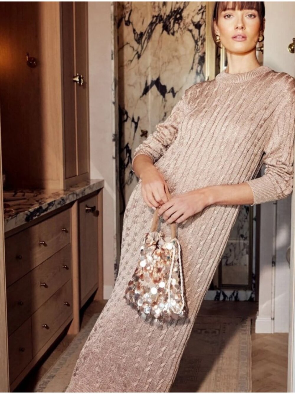 NWT Tuckernuck Gold Cable Knit Midi Dress Gold Relaxed Crew Neck Womens Size XS